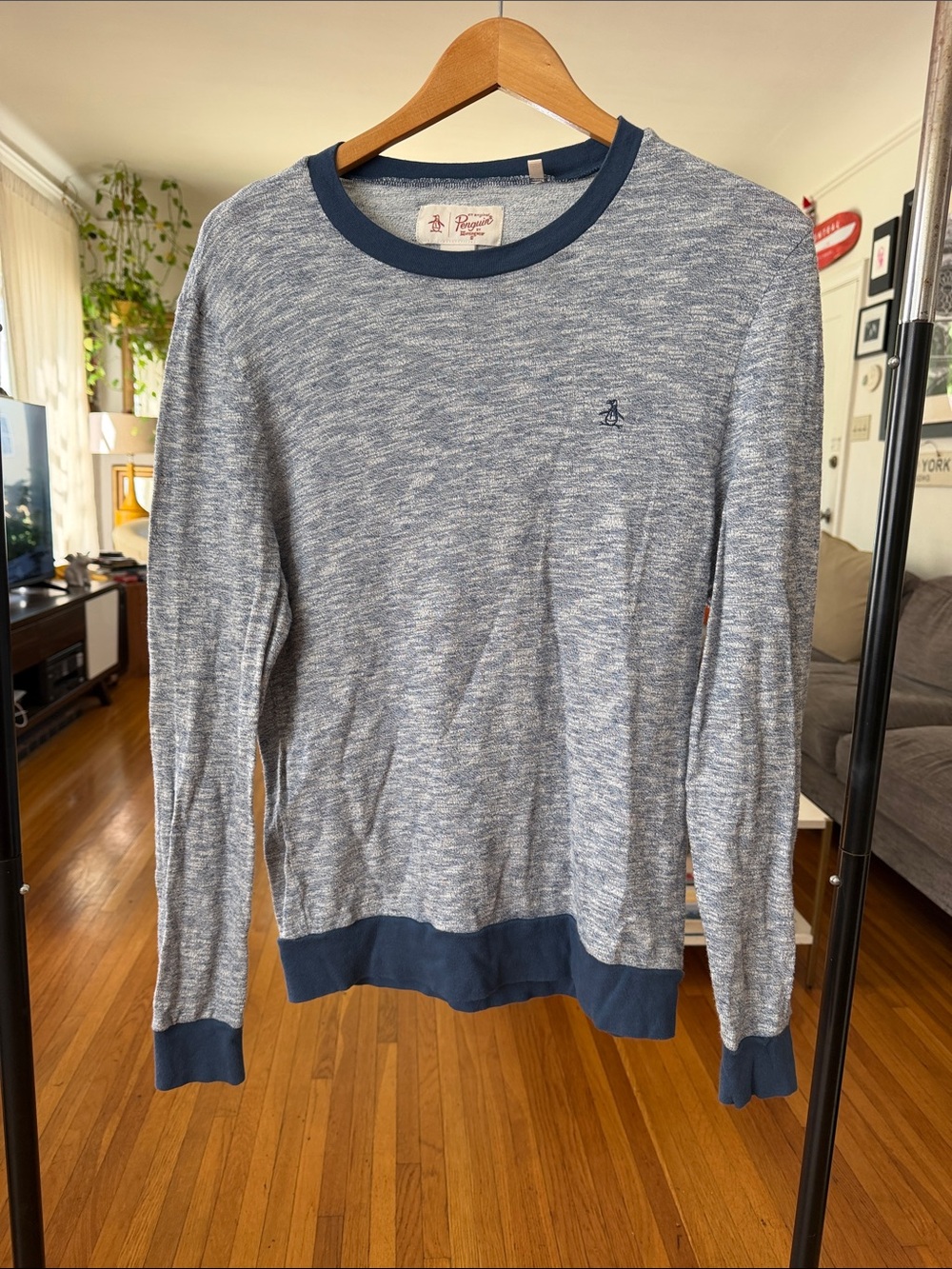 Original Penguin Heathered Light Blue Crewneck Sweater with Navy Trim